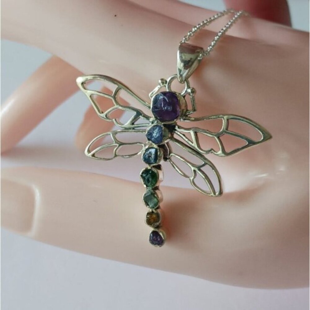 YS India Dragonfly W Gemstones Pendant on 925 Sterling Silver Necklace NEW